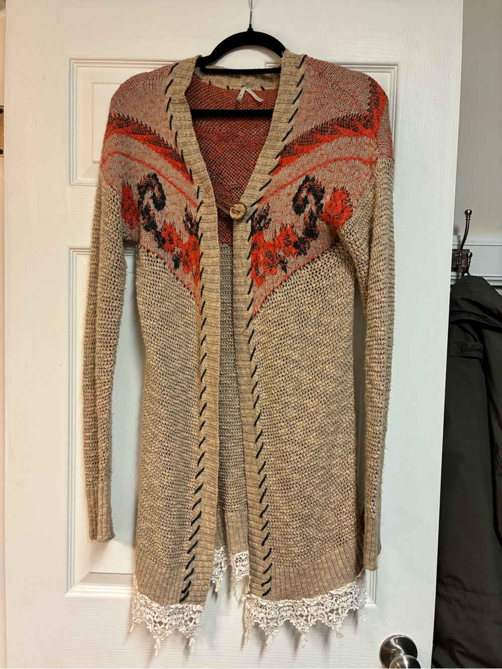 BKE Beige Cardigan with Coral and Black Floral lacy